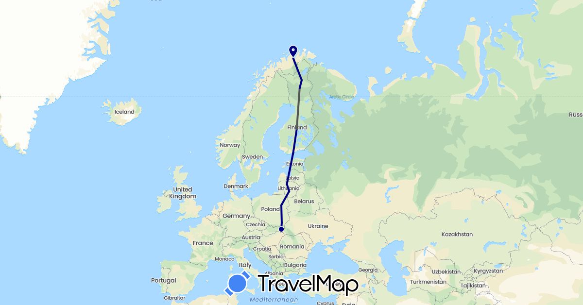 TravelMap itinerary: driving, motorbike in Finland, Lithuania, Norway, Poland, Slovakia (Europe)